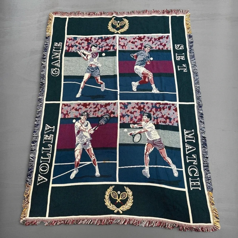 Goodwin Weavers Tennis Throw Blanket Green Game Set Volley Match Woven Cotton OS